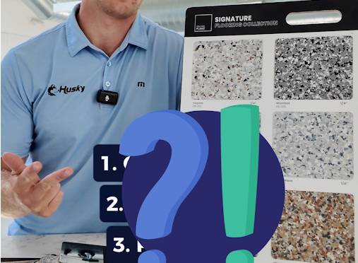 3-things-that-affect-price-of-resurfacing-garage-floor A person in a blue Husky shirt holds a sample board displaying four different flooring textures, highlighting options for resurfacing a garage floor; a large question mark and exclamation mark graphic obscures part of the image.