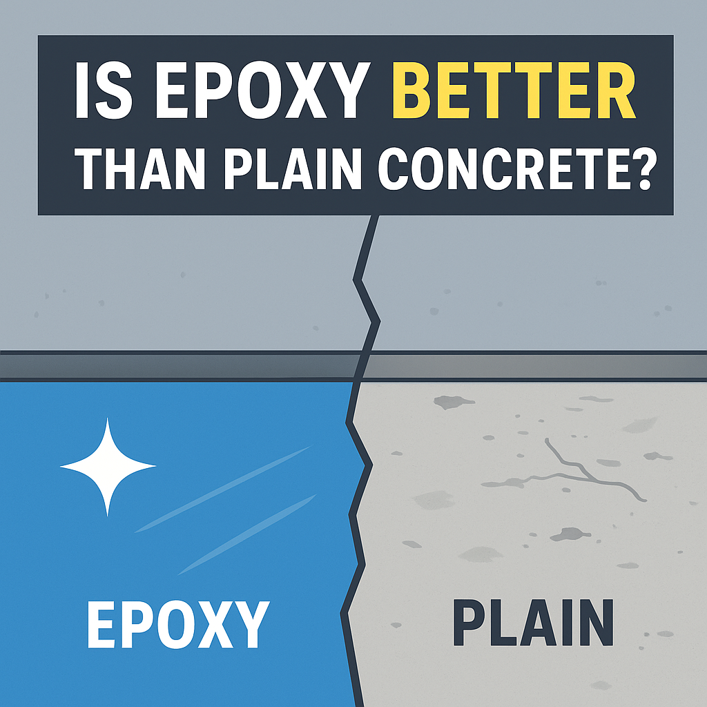 An illustration compares epoxy and plain concrete surfaces, showing a smooth, shiny blue epoxy side and a rough, cracked gray plain concrete side.