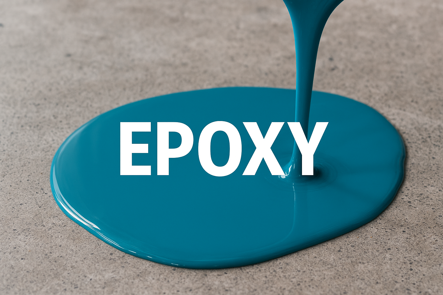 Blue epoxy resin being poured onto a concrete surface with the word "EPOXY" in bold white letters across the image.